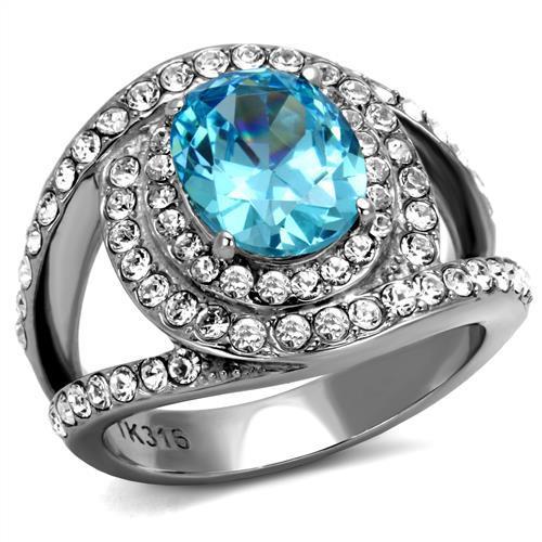 TK2900 High Polished Stainless Steel Ring featuring a sea blue synthetic glass stone, showcasing its elegant design and shine.