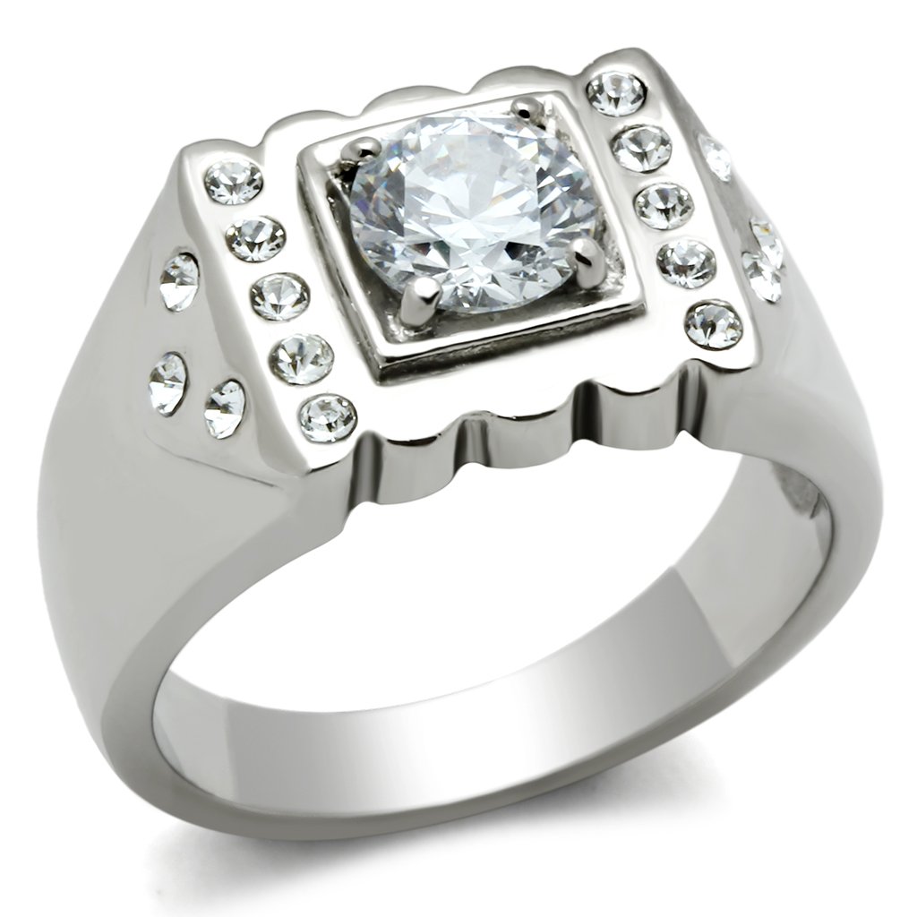TK315 High Polished Stainless Steel Ring with AAA Grade CZ stone, showcasing a clear round design and a shiny finish.