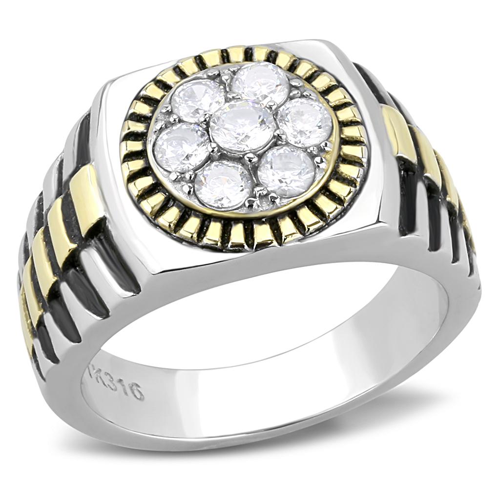 TK3240 Two-Tone IP Gold Stainless Steel Ring featuring a clear AAA grade CZ stone, showcasing its elegant design and durable finish.