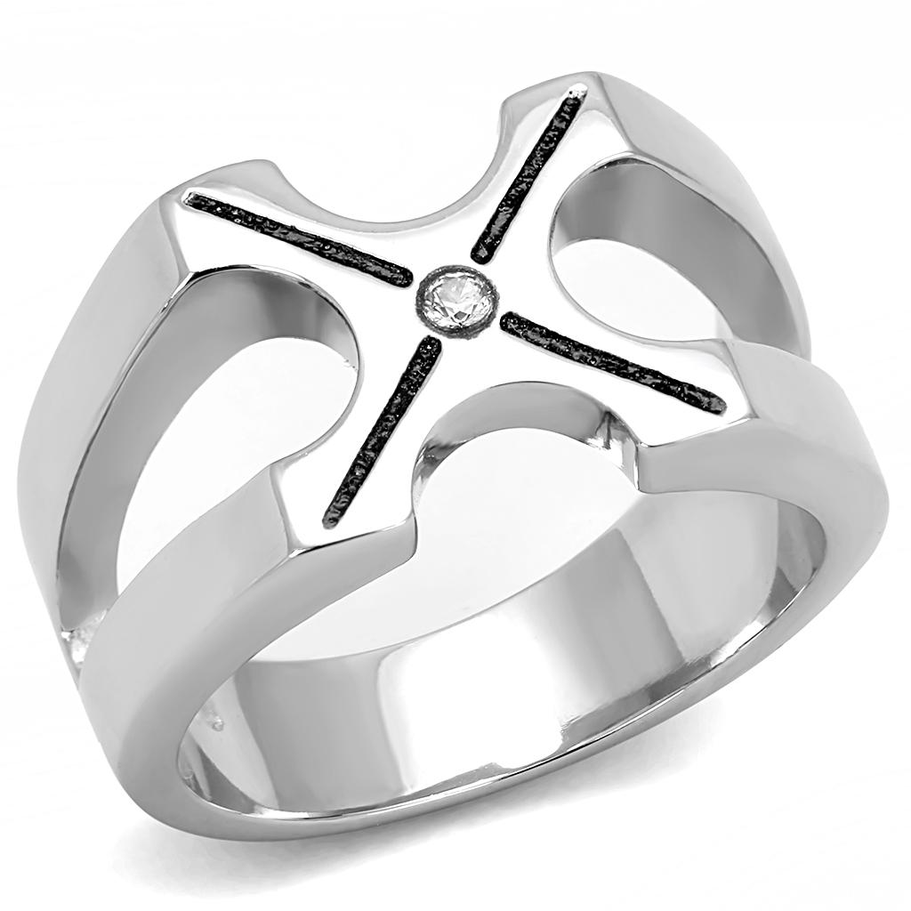 TK3278 High Polished Stainless Steel Ring featuring a clear AAA grade CZ stone, showcasing its elegant design and shine.