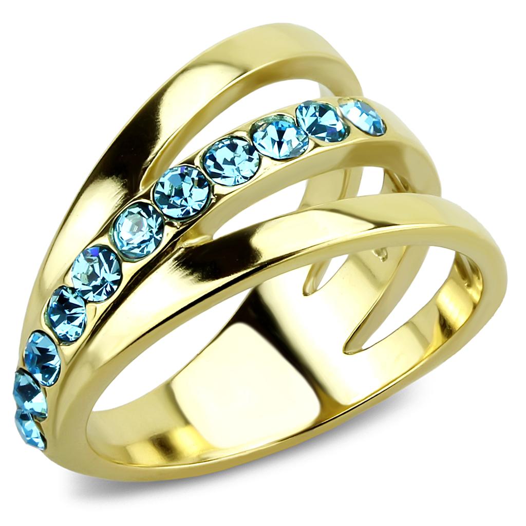 TK3441 IP Gold Stainless Steel Ring featuring a sea blue top grade crystal, showcasing its elegant design and luxurious finish.