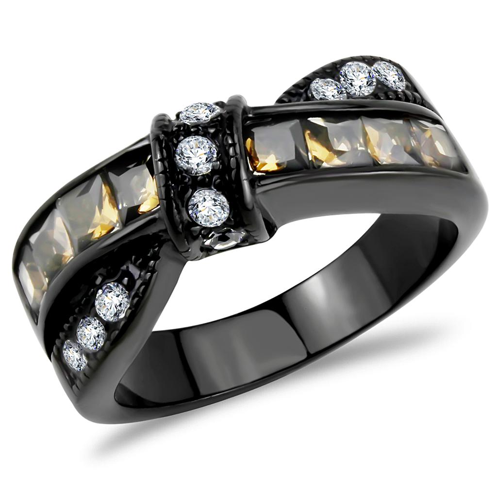 TK3452 IP Black Stainless Steel Ring featuring a brown synthetic glass stone, showcasing a sleek and modern design.