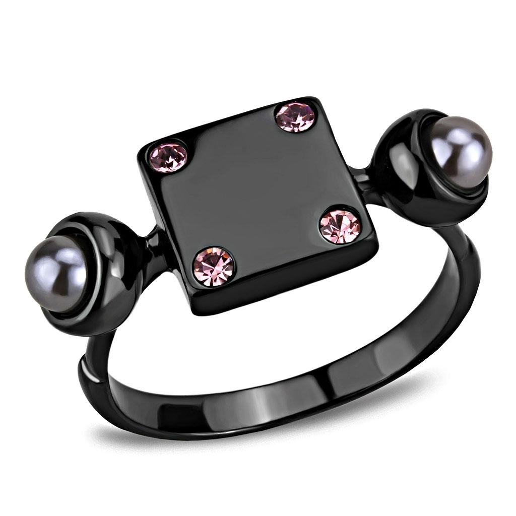 TK3513 IP Light Black Stainless Steel Ring featuring a round gray synthetic pearl, showcasing modern elegance and durability.