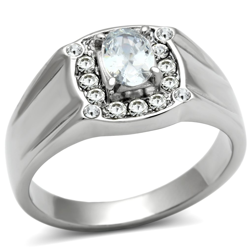 TK353 High Polished Stainless Steel Ring with AAA Grade CZ stones, showcasing a brilliant shine and elegant design.