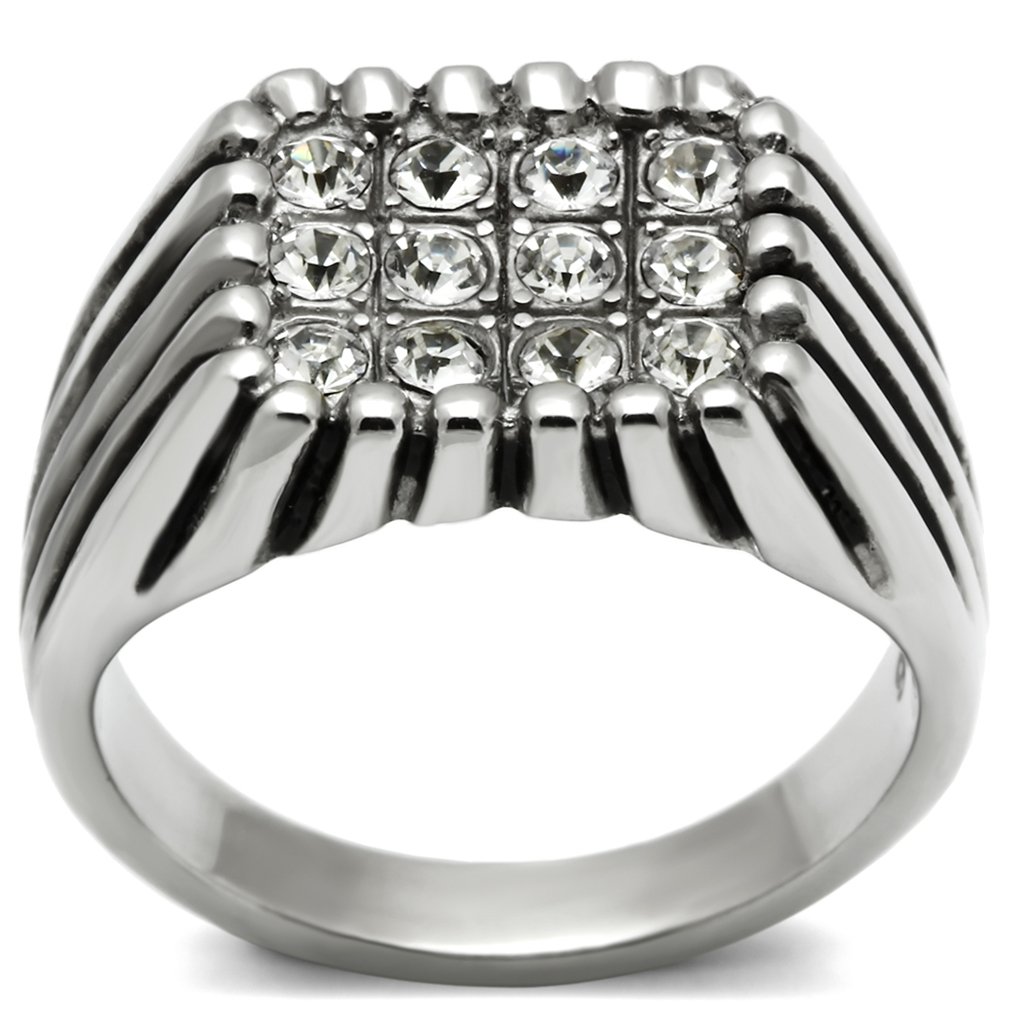 TK363 High Polished Stainless Steel Ring featuring a clear top-grade crystal, showcasing its elegant design and high-quality finish.