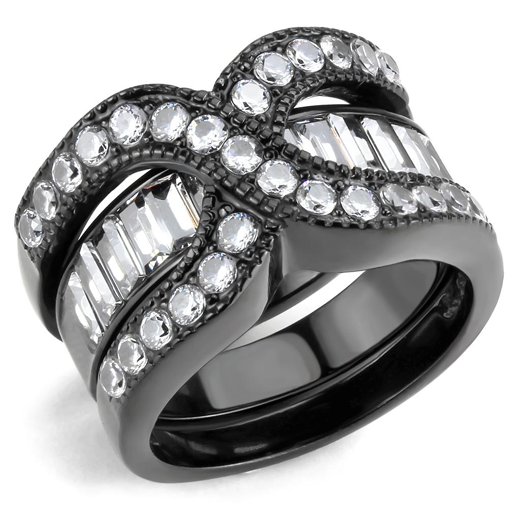 TK3694 IP Black Stainless Steel Ring featuring AAA Grade CZ, showcasing a sleek design with a clear center stone.