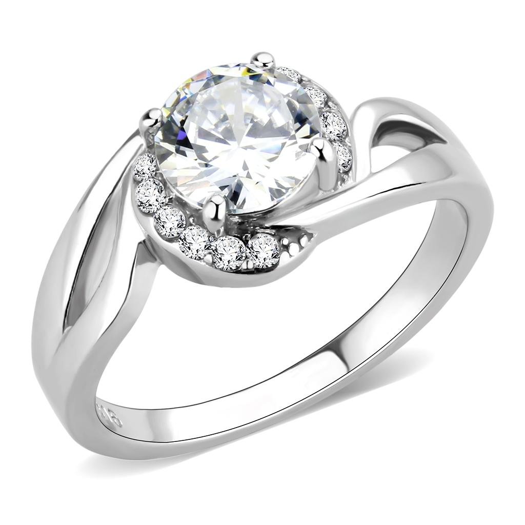 TK3701 High Polished Stainless Steel Ring featuring a clear AAA Grade CZ center stone, showcasing its elegant design and shine.