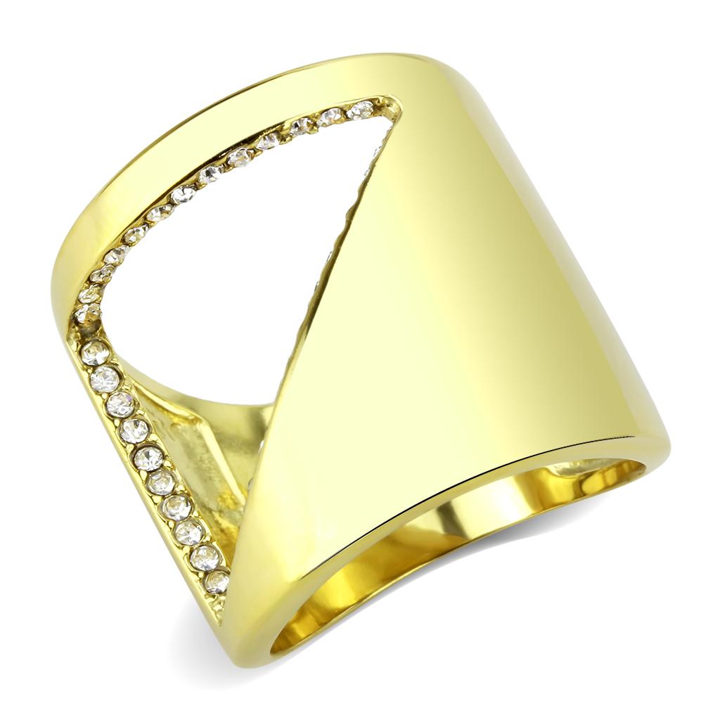 TK3715 IP Gold Stainless Steel Ring featuring a clear top-grade crystal center stone, showcasing a luxurious and elegant design.
