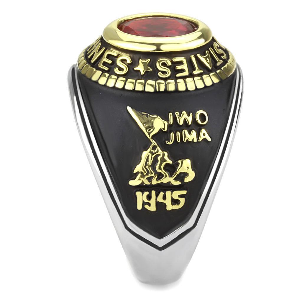 TK3723 Two-Tone IP Gold Stainless Steel Ring featuring a synthetic red glass stone, showcasing its elegant design and durable material.