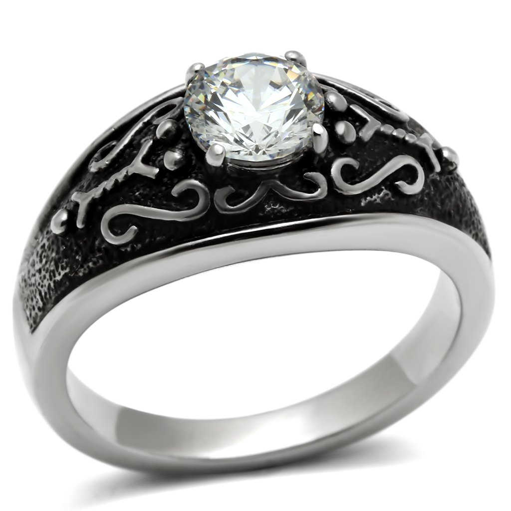 TK373 High Polished Stainless Steel Ring with AAA Grade CZ stones, showcasing a sleek design and brilliant clarity.