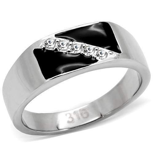 High polished stainless steel ring featuring a clear top grade crystal, showcasing a sleek and modern design.