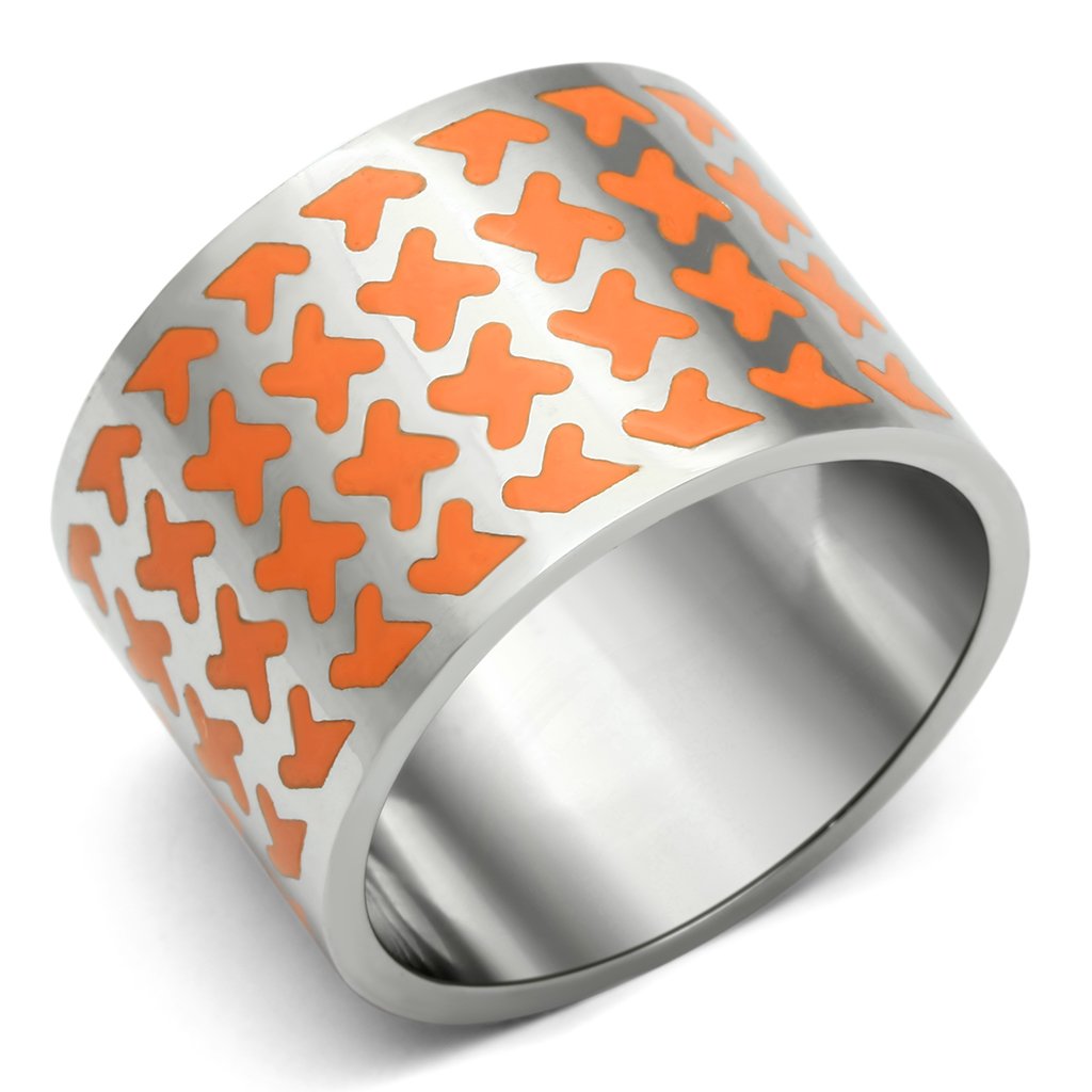 TK679 High Polished Stainless Steel Ring with vibrant orange epoxy stone, showcasing its sleek design and high polish finish.