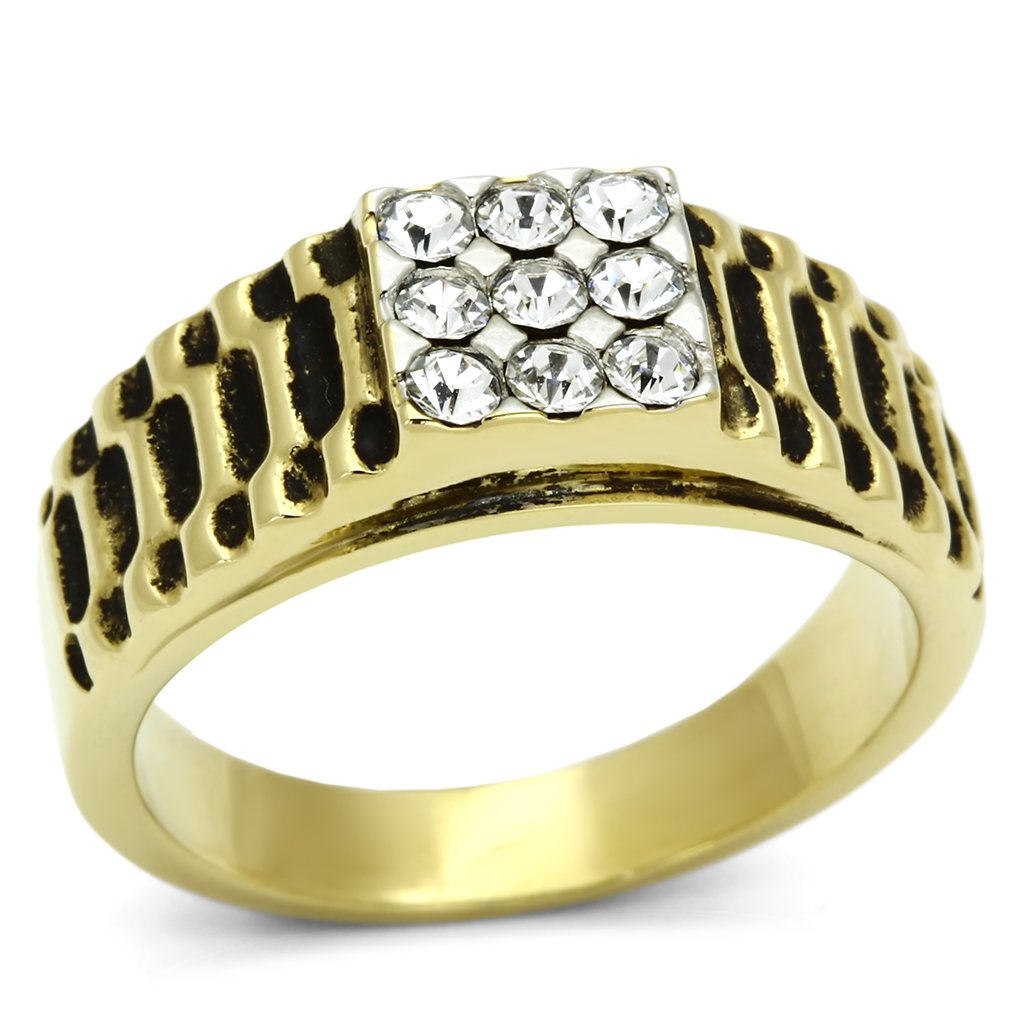 TK753 Two-Tone IP Gold Stainless Ring featuring clear top-grade crystals, showcasing a luxurious design with a durable stainless steel base.