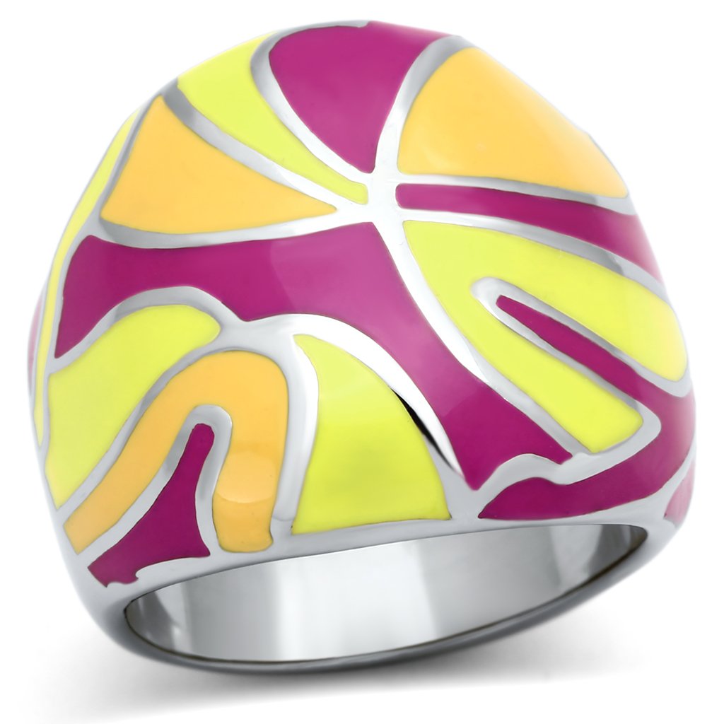 TK834 High Polished Stainless Steel Ring featuring a vibrant multi-color epoxy center stone, showcasing a sleek and elegant design.