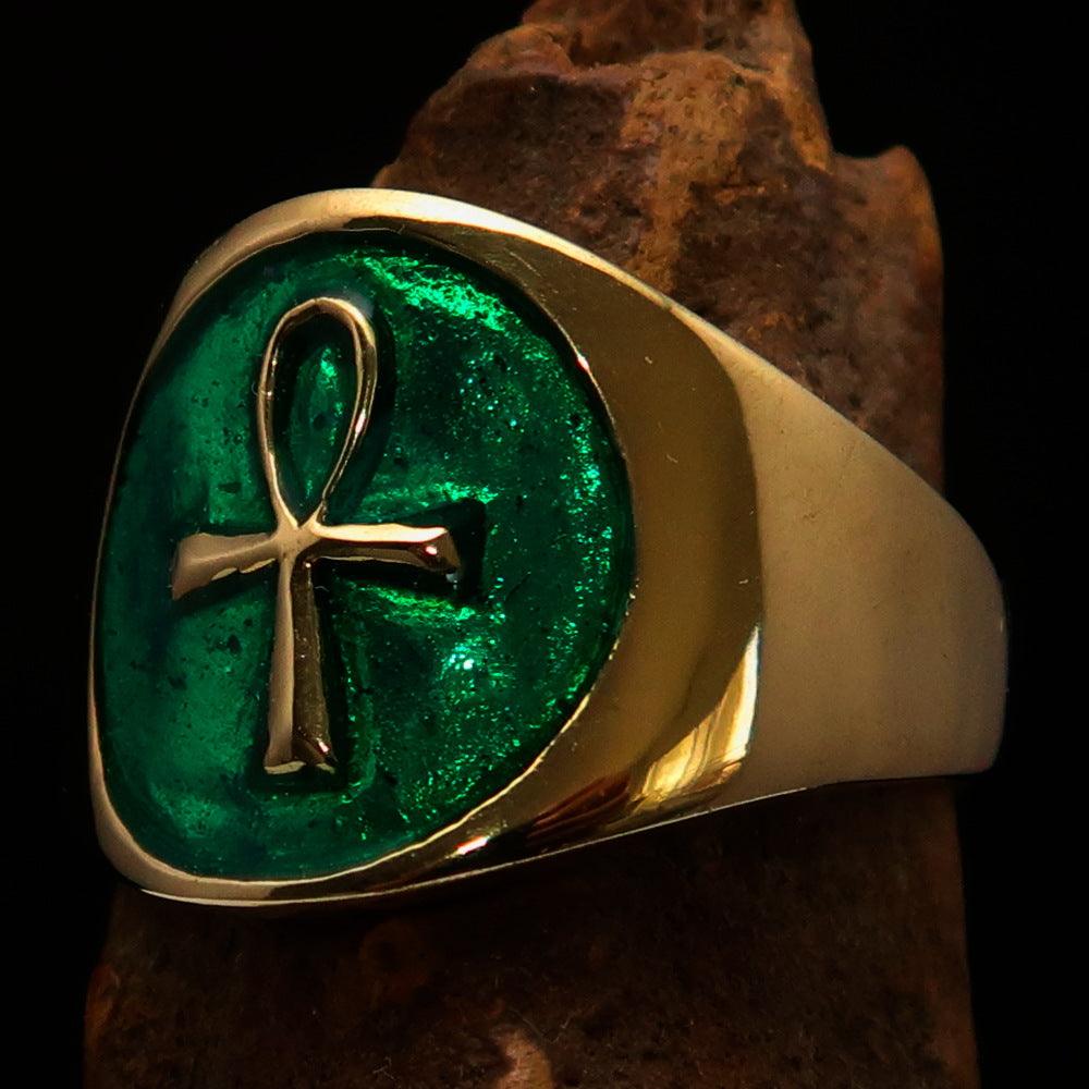 Men's small green Egyptian Ankh Cross pinky ring made of solid brass with high polish and enamel finish.