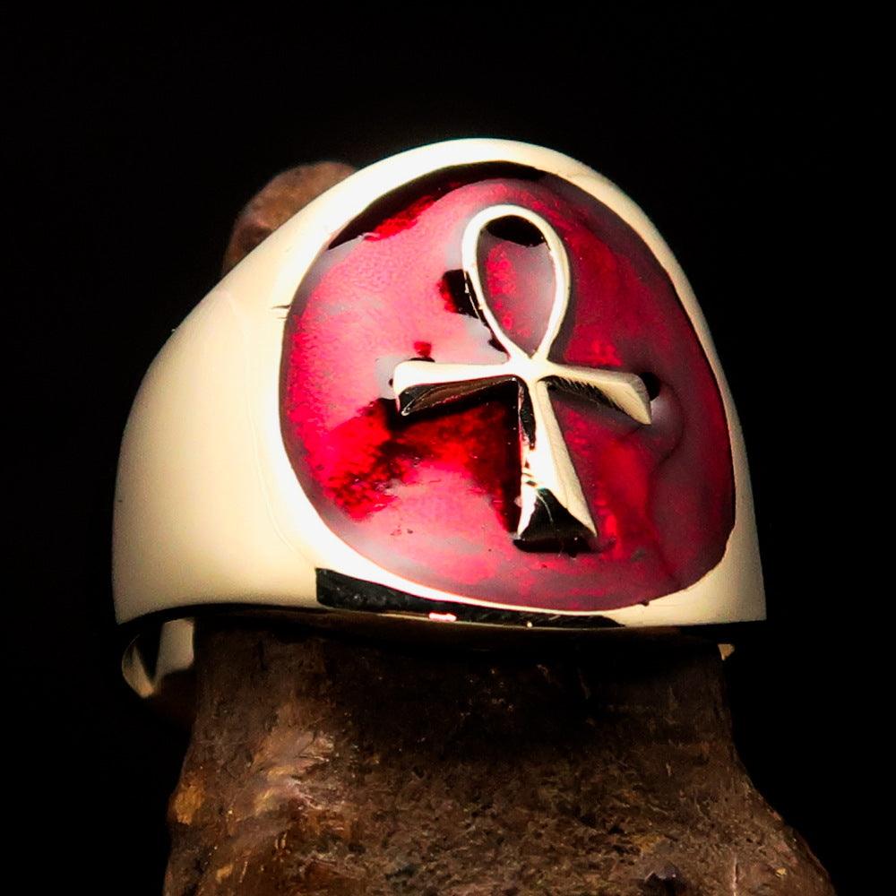 Men's small red Egyptian Ankh Cross Pinky Ring made of solid brass with high polished finish and red enamel.
