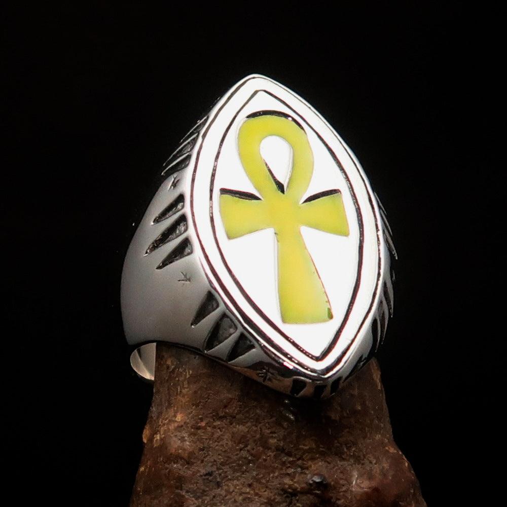 Yellow marquise shaped Egyptian Ankh Cross Men's Ring made of solid sterling silver with high polish and enamel finish.