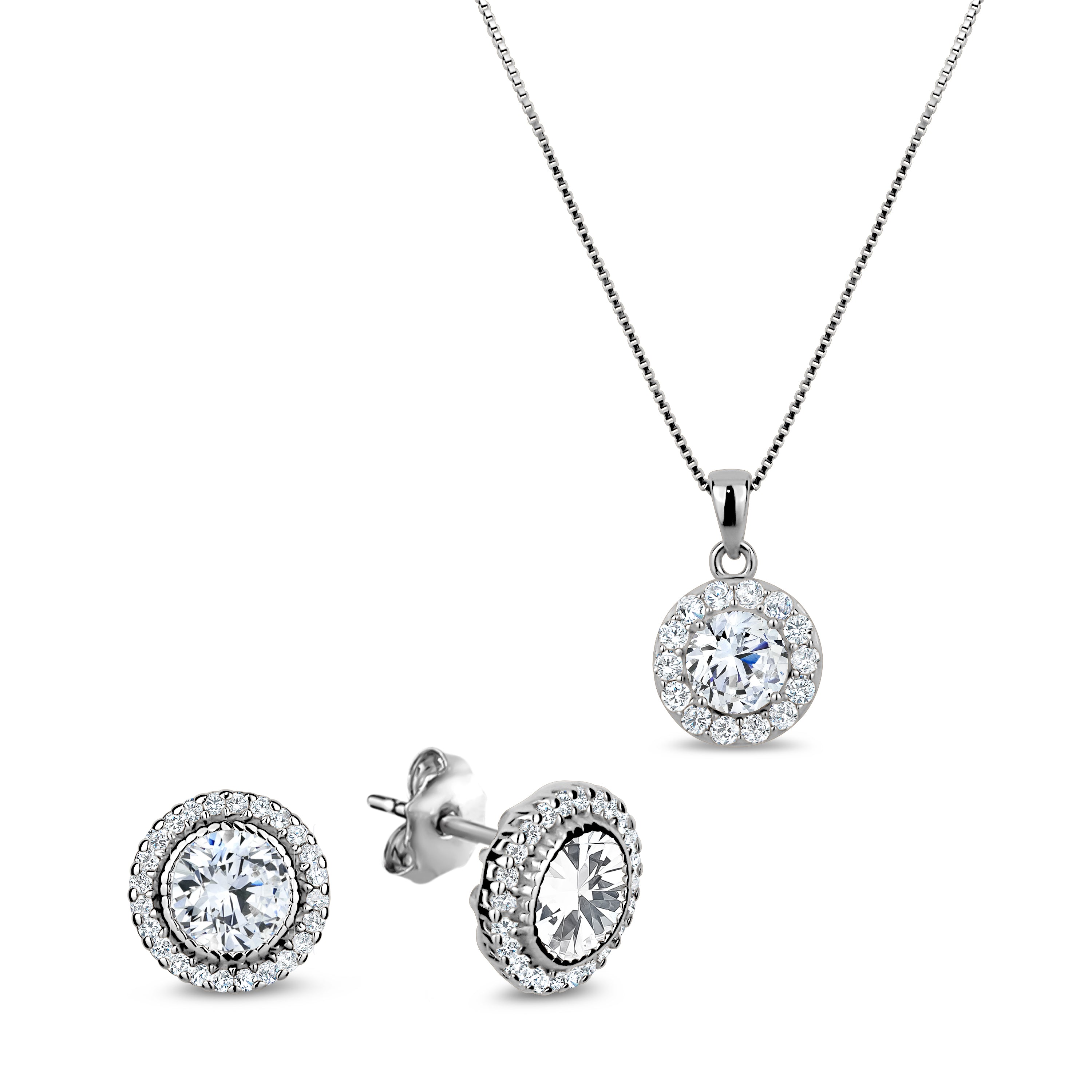 5A Cubic Zirconia Round Pendant Necklace and Earrings Set made from 925 sterling silver with rhodium plating, featuring a halo design and secure closures.