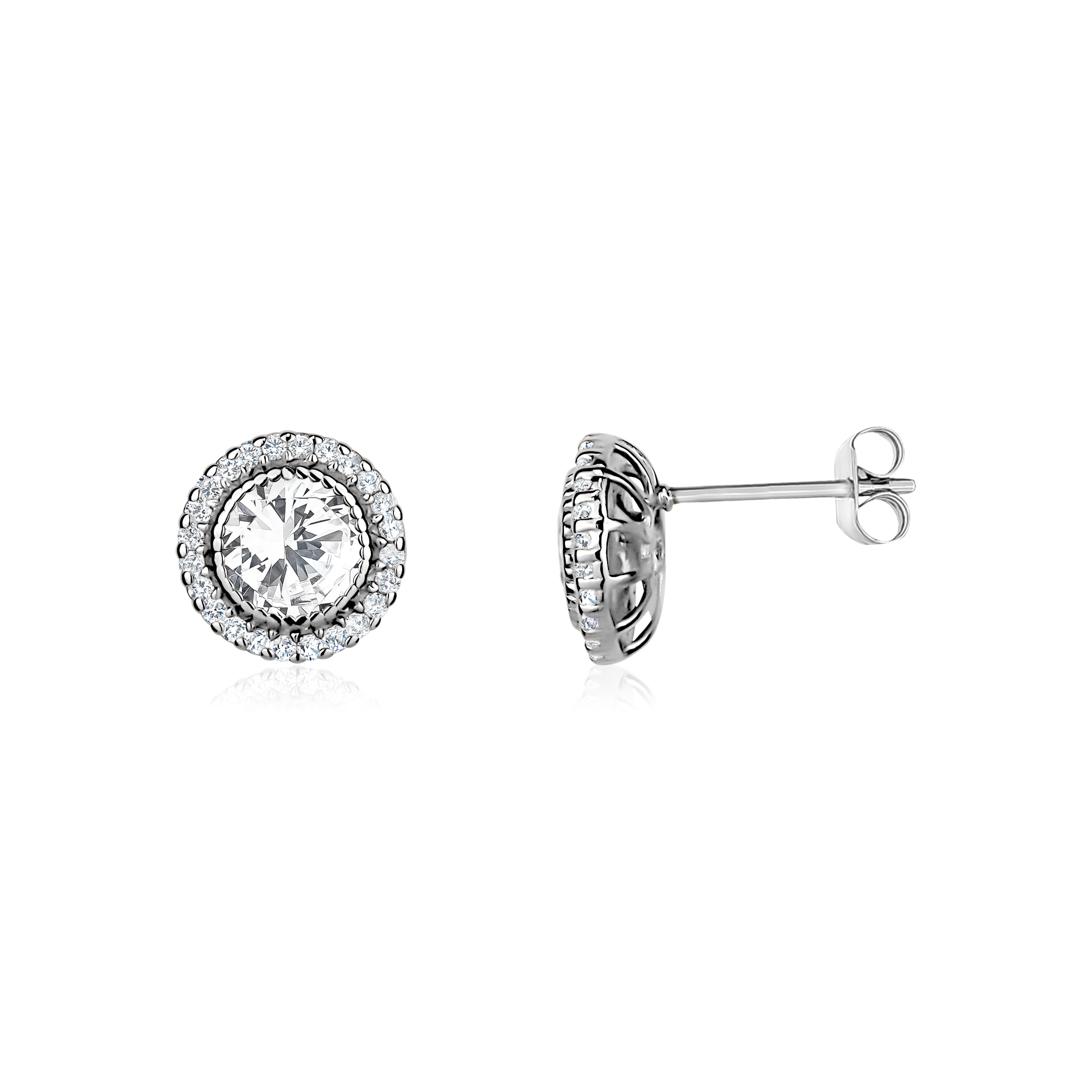 5A Cubic Zirconia Round Pendant Necklace and Earrings Set made from 925 sterling silver with rhodium plating, featuring a halo design and secure closures.
