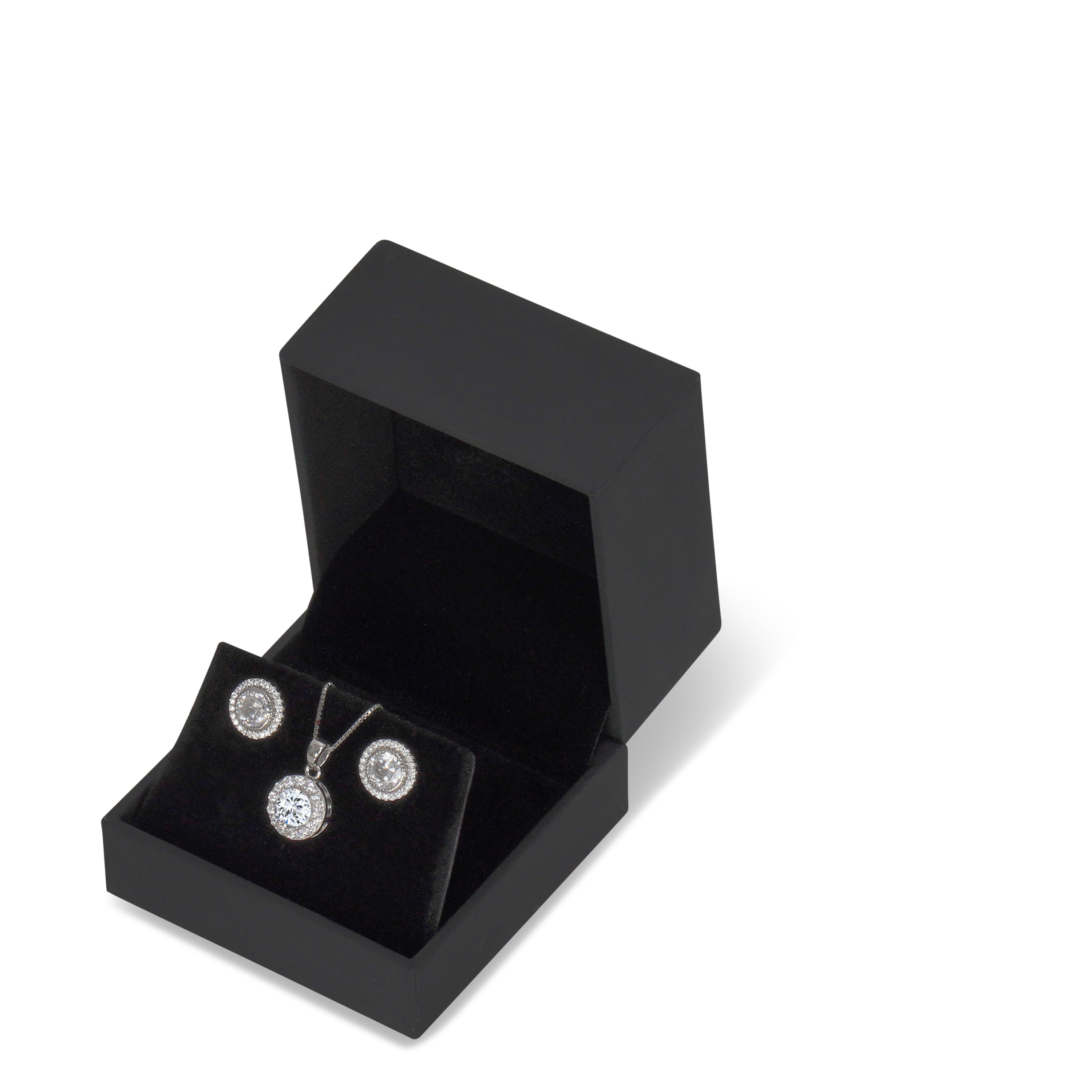 5A Cubic Zirconia Round Pendant Necklace and Earrings Set made from 925 sterling silver with rhodium plating, featuring a halo design and secure closures.