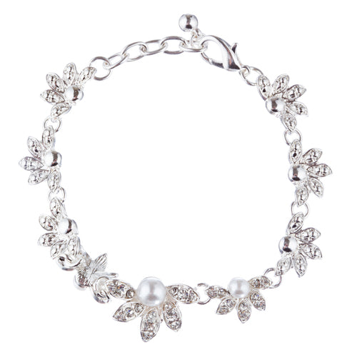 Bridal Wedding Jewelry Crystal Rhinestone Necklace Set featuring floral design with clear crystals and faux pearls, including necklace, bracelet, and earrings.
