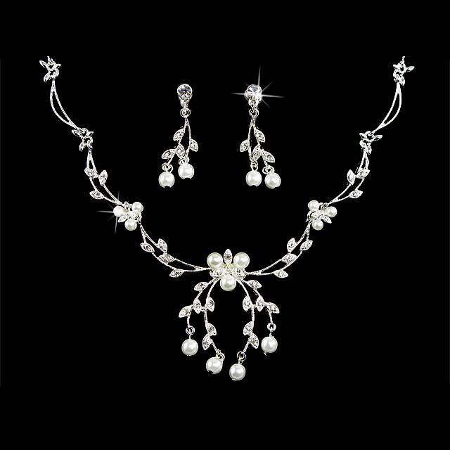 Bridal Wedding Jewelry Set featuring a Crystal Rhinestone Floral Pearl Necklace and matching earrings, elegantly displayed on a soft fabric background.