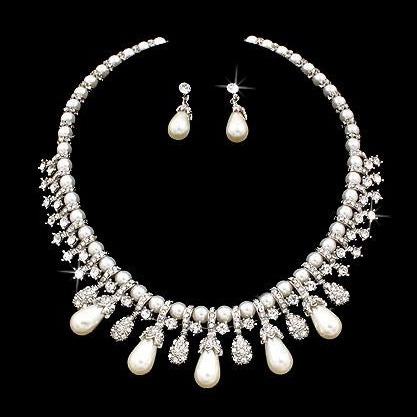 Bridal Wedding Jewelry Set featuring a crystal necklace and pearl choker design, elegantly displayed with matching earrings.