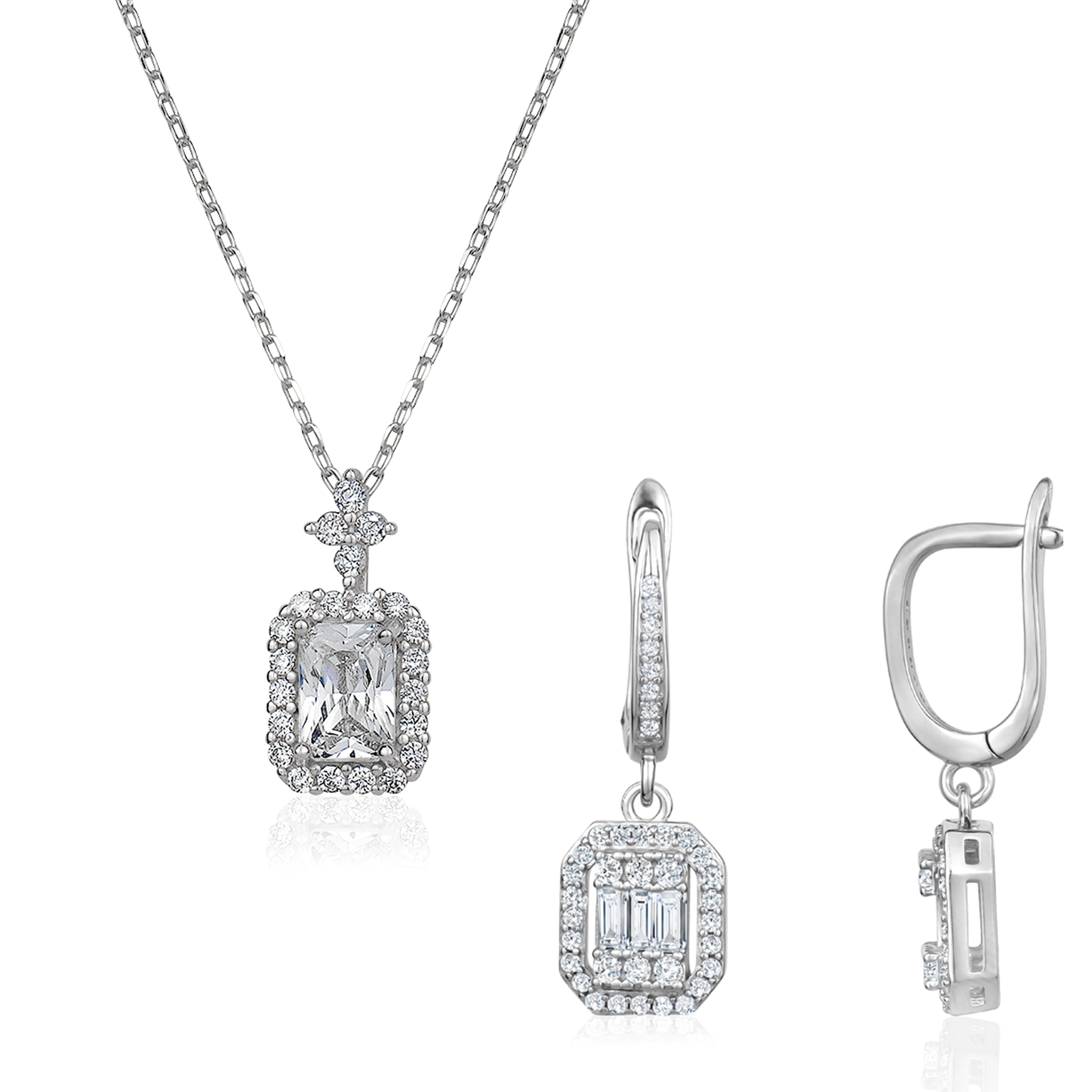 Cubic Zirconia Geometric Necklace and Drop Earrings Set in 925 sterling silver with rhodium plating, featuring a square design and prong-set stones.