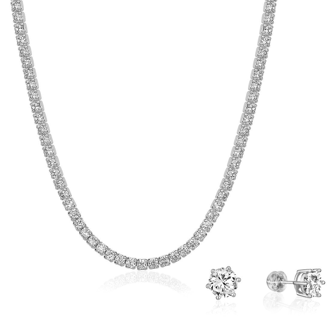 Cubic Zirconia Tennis Necklace and 7mm Stud Earrings Set, featuring Rhodium-plated sterling silver with sparkling AA+ Cubic Zirconia stones, elegantly displayed in a jewelry box.