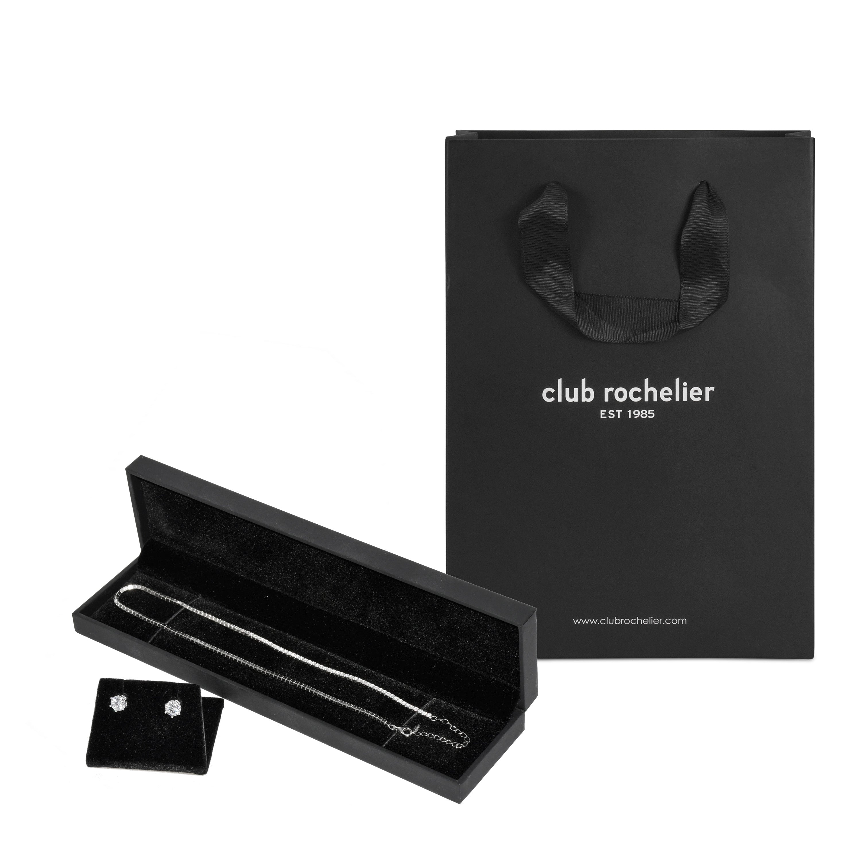 Cubic Zirconia Tennis Necklace and 7mm Stud Earrings Set, featuring Rhodium-plated sterling silver with sparkling AA+ Cubic Zirconia stones, elegantly displayed in a jewelry box.