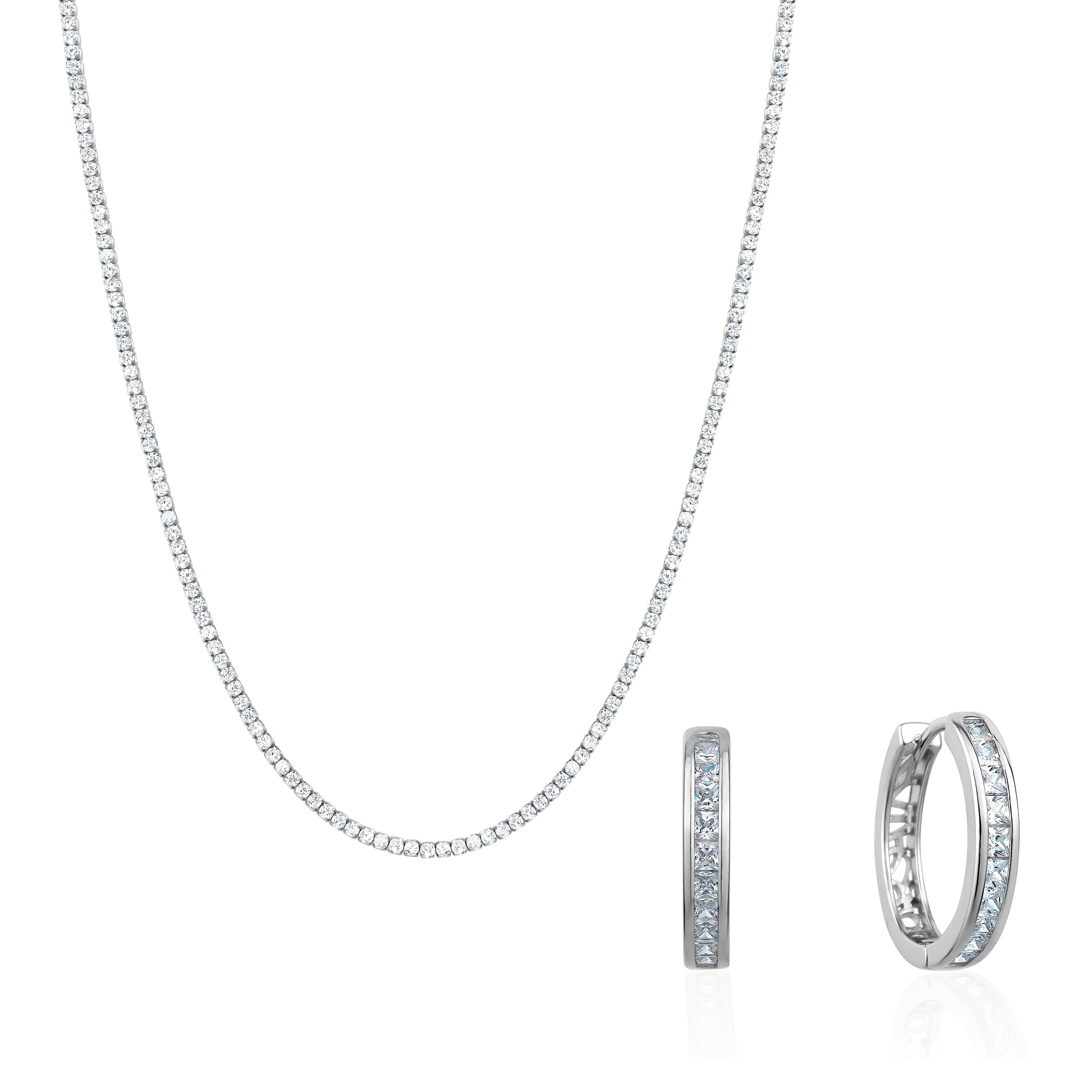 Cubic Zirconia Vintage Necklace and Loop Earrings Set, featuring 925 sterling silver and rhodium plating, elegantly displayed in a jewelry box.