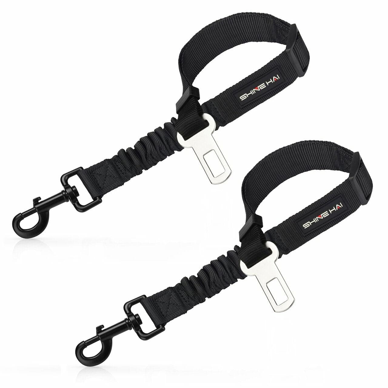 Two adjustable dog harnesses designed for car seatbelt connection, featuring a strong nylon weave and adjustable length for pet safety.