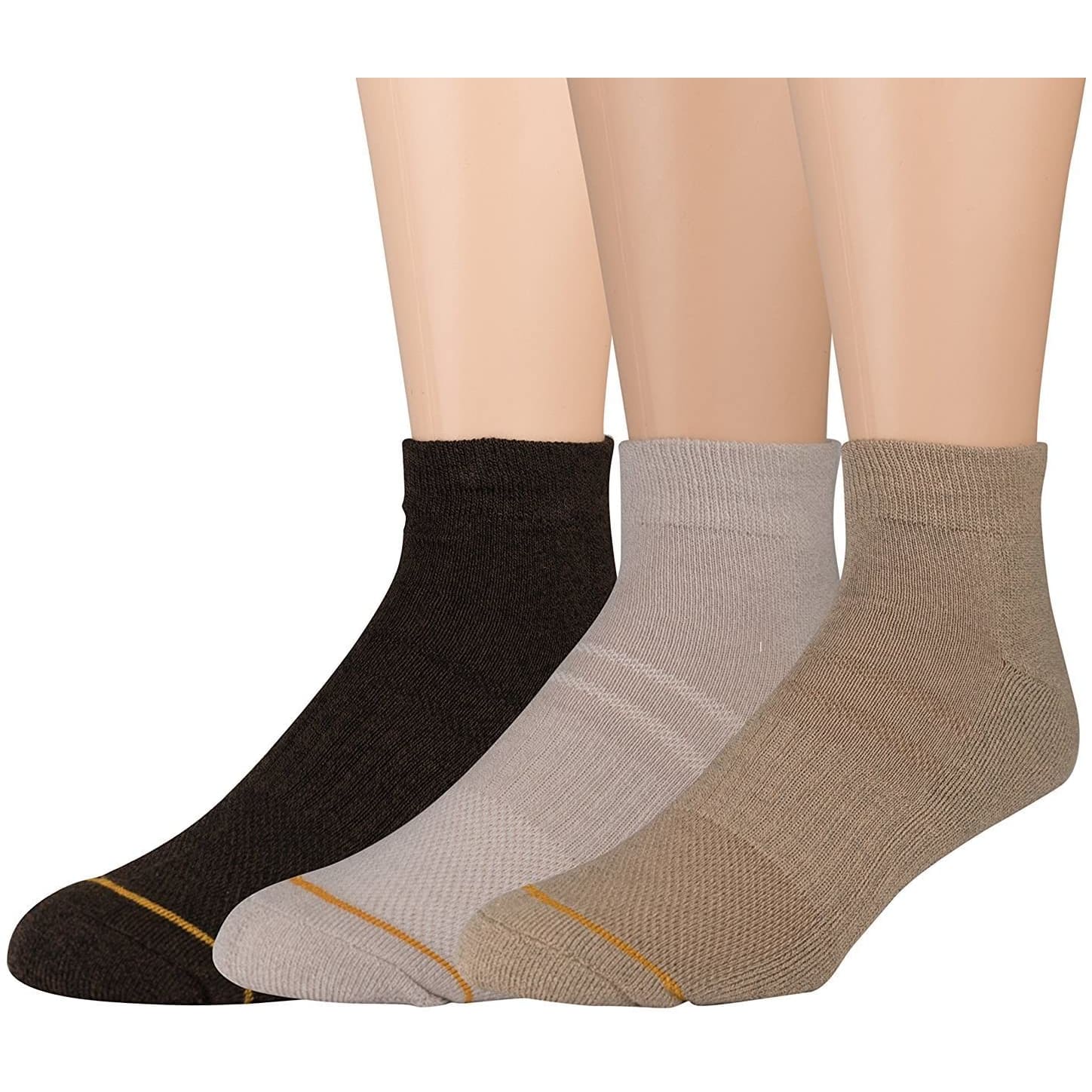 Three pairs of Uptown Low Cut Gold Toe Men's Assorted Socks in Stone, Khaki, and Brown colors, showcasing their soft texture and low cut design.