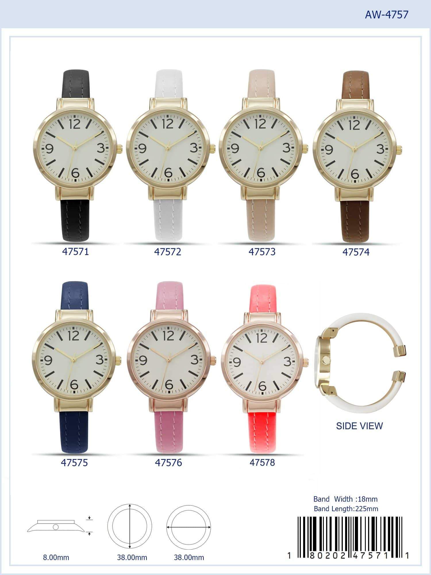 4757 Leather Cuff Watch featuring a stylish vegan leather band and metal alloy case, designed for comfort and elegance.