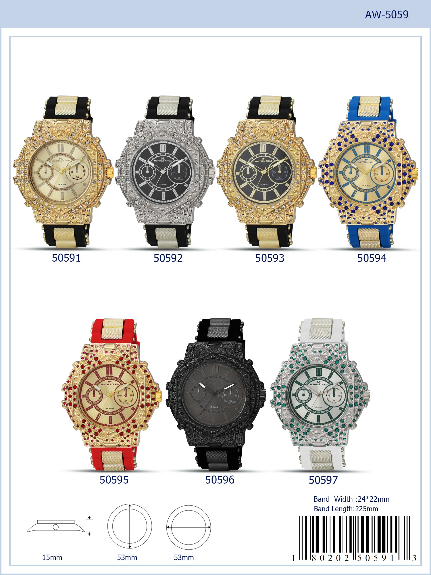 5059 Bullet Band Watch featuring a silicon band and sparkling stone-covered case, ideal for active men.