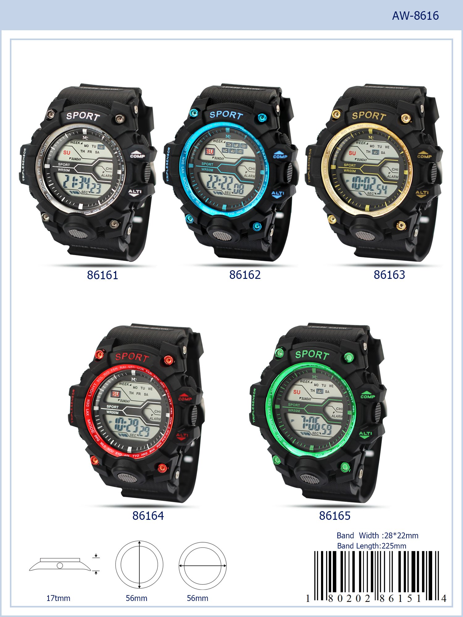 Montres Carlo 8616 Digital Watch with rubber band and plastic case, featuring a digital display and LED light.