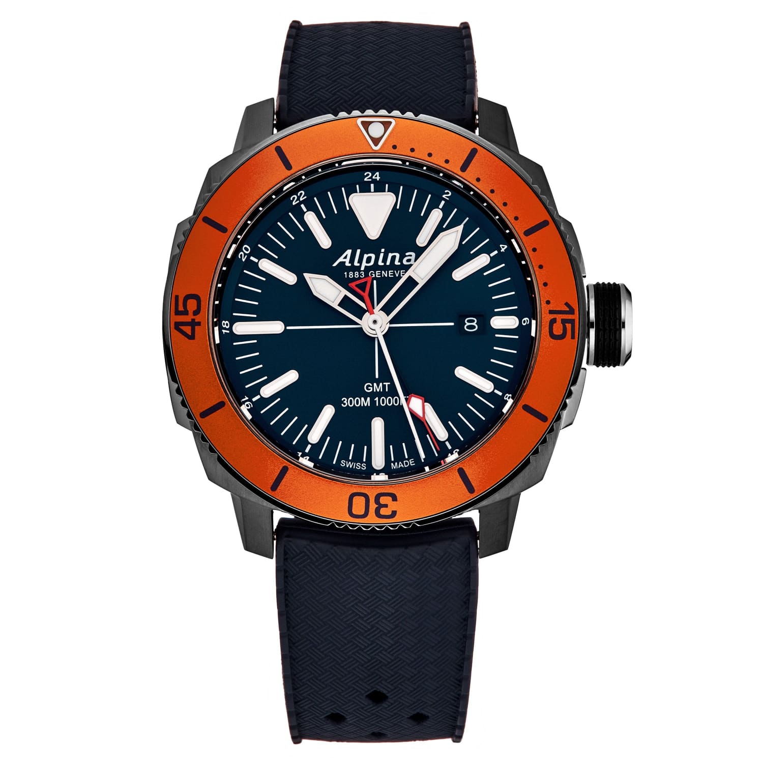 Alpina Men's AL247LNO4TV6 'Seastrong' Diver GMT watch with blue dial and rubber strap, showcasing its stainless steel case and uni-directional bezel.