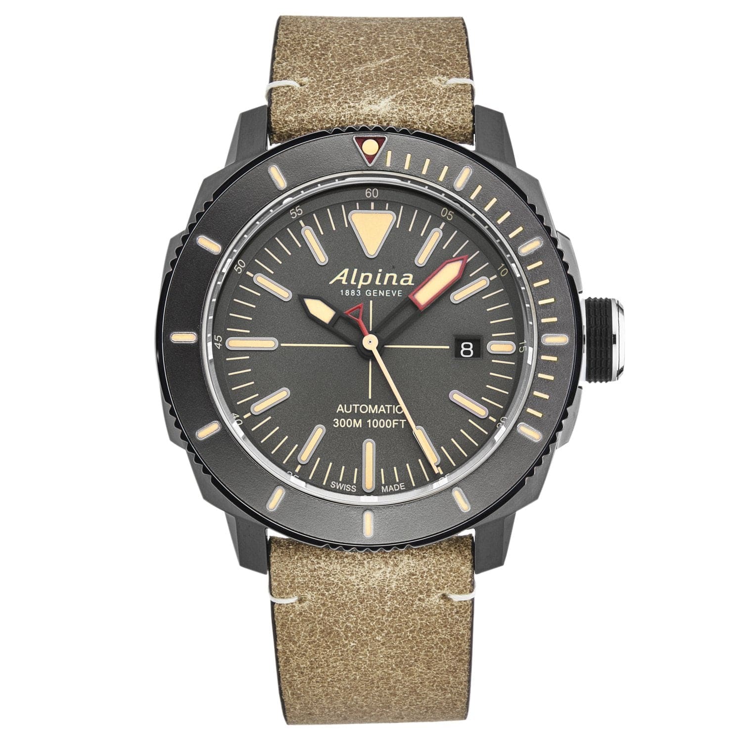 Alpina Men's AL525LGG4TV6 Seastrong Diver watch featuring a grey dial and brown leather strap, showcasing its elegant design and automatic movement.