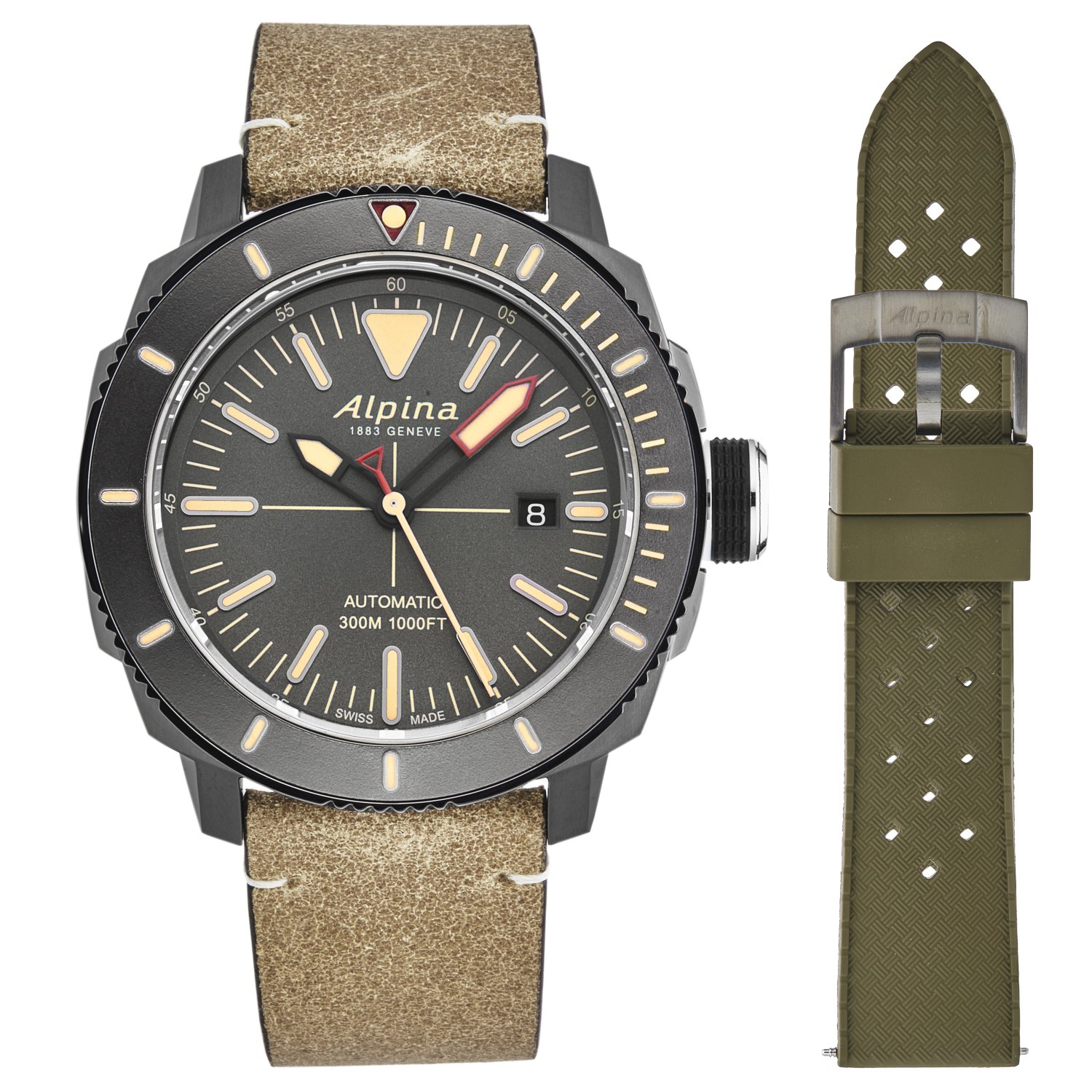 Alpina Men's AL525LGG4TV6 Seastrong Diver watch featuring a grey dial and brown leather strap, showcasing its elegant design and automatic movement.