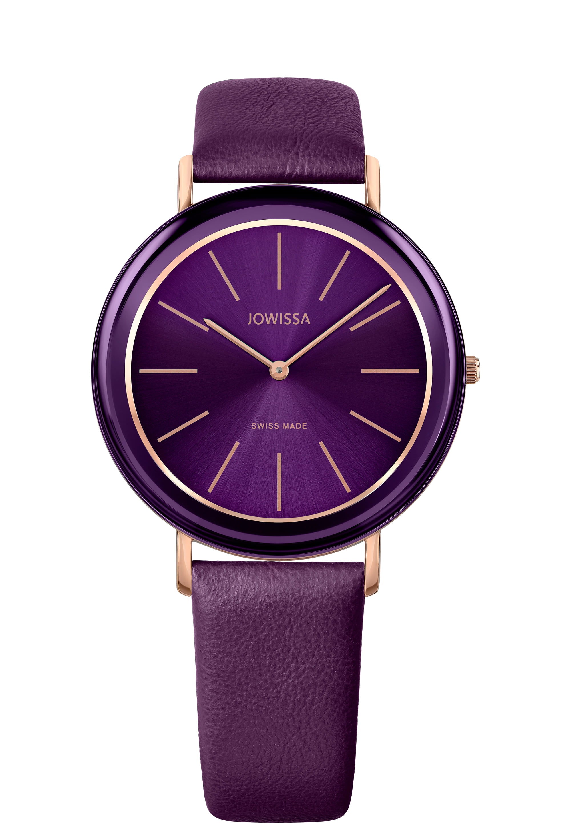 Alto Swiss Ladies Watch J4.380.L featuring a stainless steel case, shiny sunray dial, and genuine leather strap in rose and purple colors.