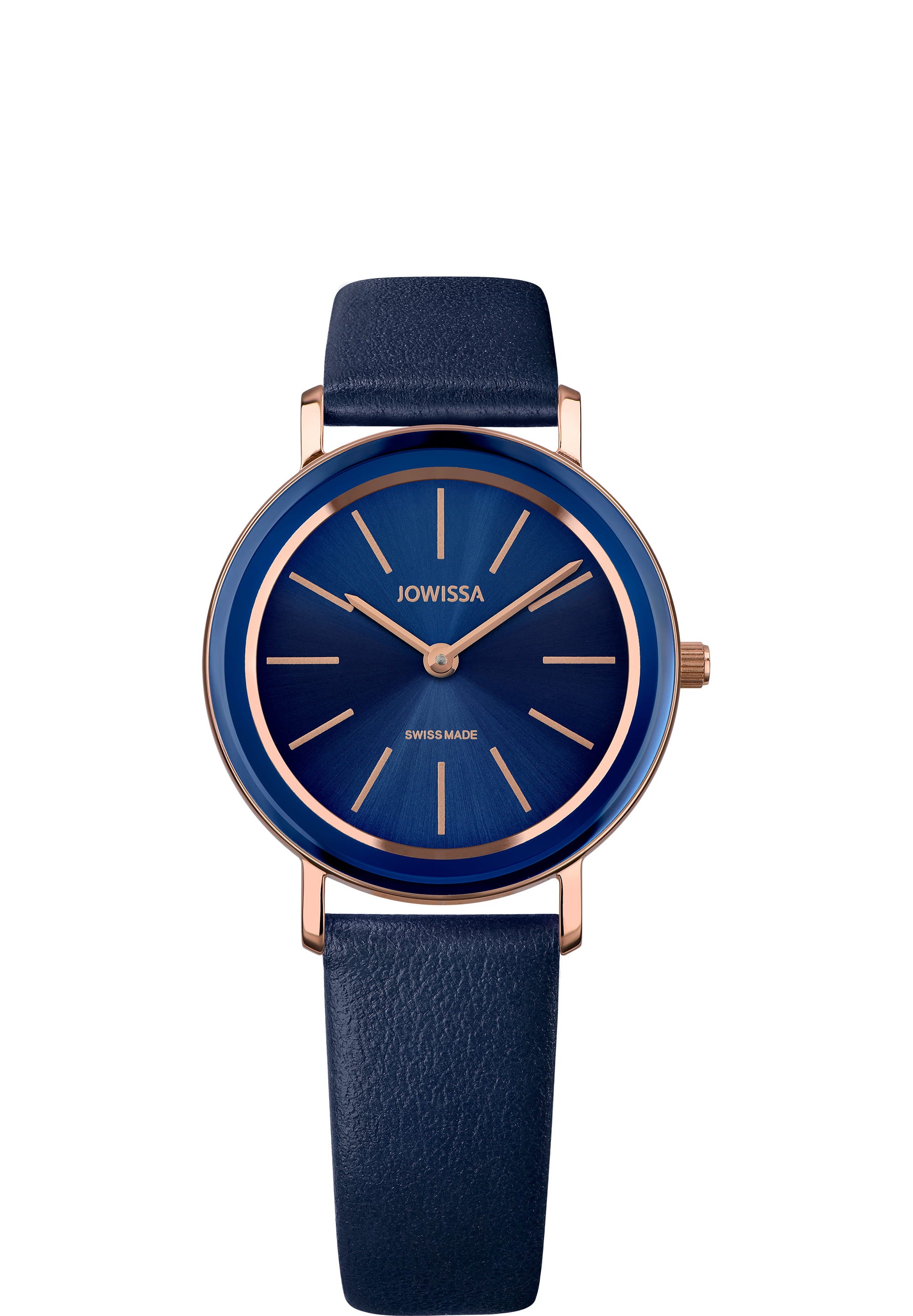 Alto Swiss Ladies Watch J4.386.M featuring a navy blue dial with gold indices and a smooth blue leather strap.