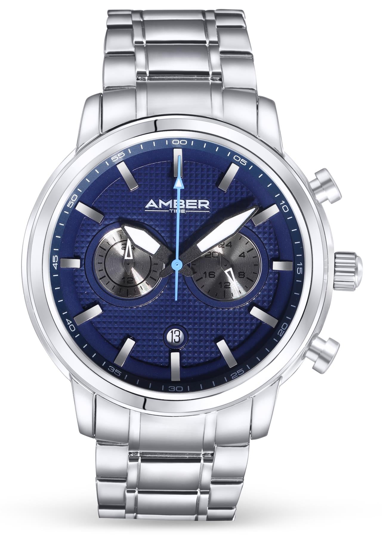 Amber Time Men's Quartz Chronograph Watch featuring a polished stainless steel case, blue dial, and secure stainless steel band.