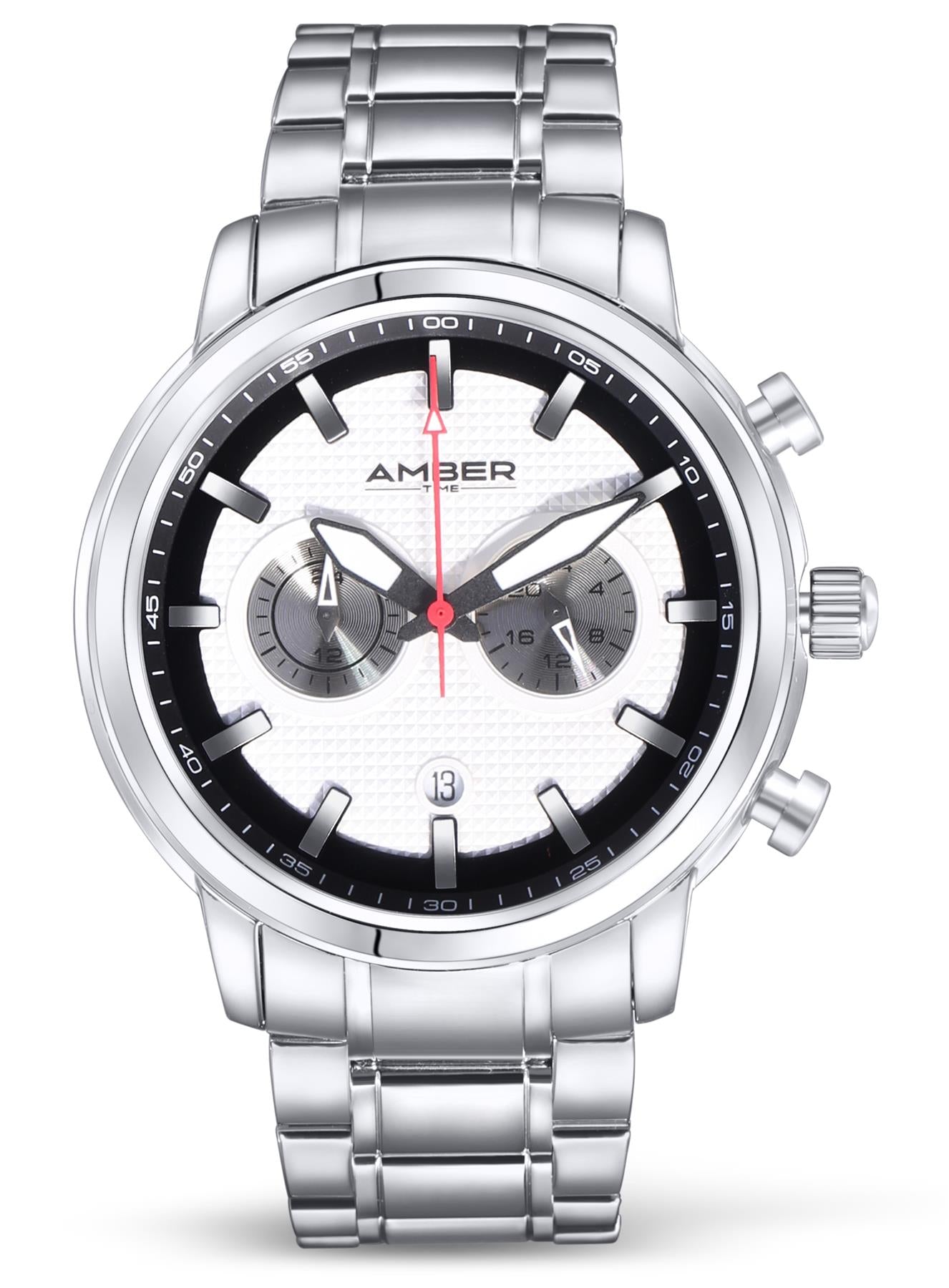 Amber Time Men's Quartz Chronograph Watch featuring a polished stainless steel case, white dial with date display, and secure stainless steel bracelet.