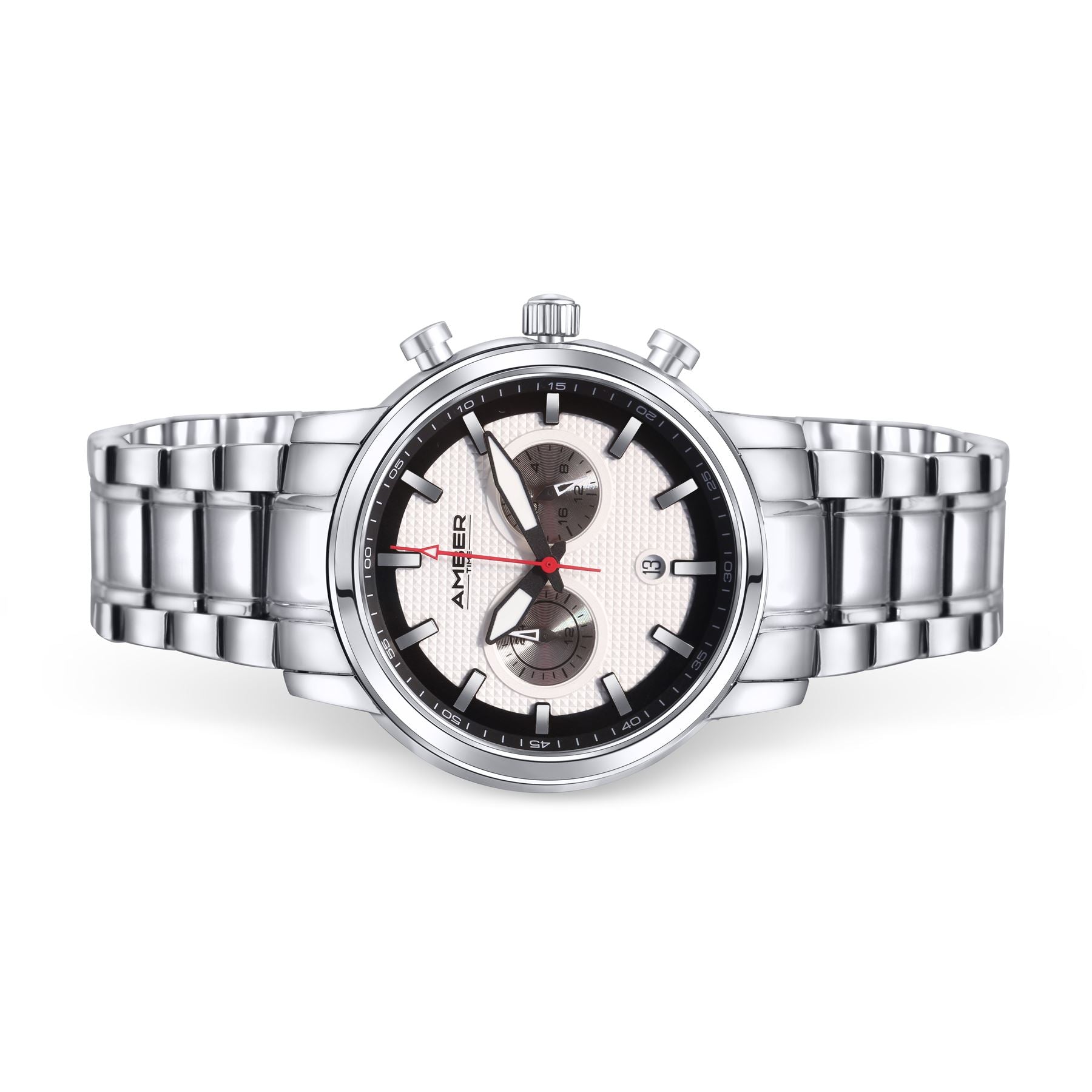 Amber Time Men's Quartz Chronograph Watch featuring a polished stainless steel case, white dial with date display, and secure stainless steel bracelet.