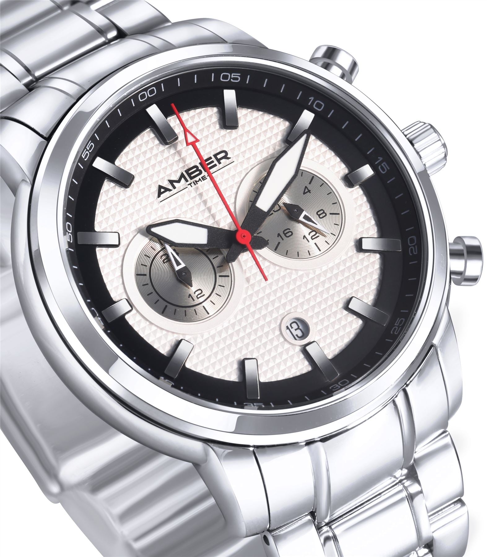 Amber Time Men's Quartz Chronograph Watch featuring a polished stainless steel case, white dial with date display, and secure stainless steel bracelet.