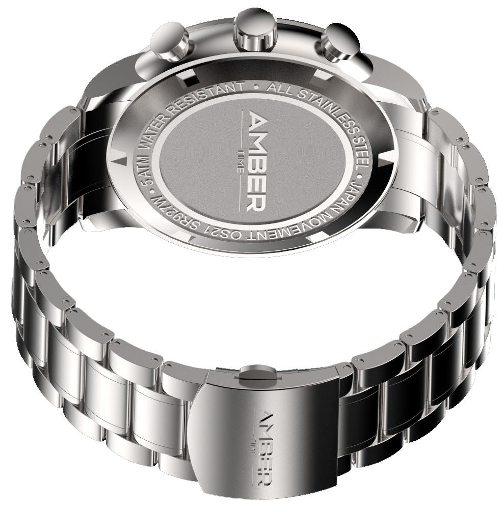 Amber Time Men's Quartz Chronograph Watch featuring a polished stainless steel case, white dial with date display, and secure stainless steel bracelet.