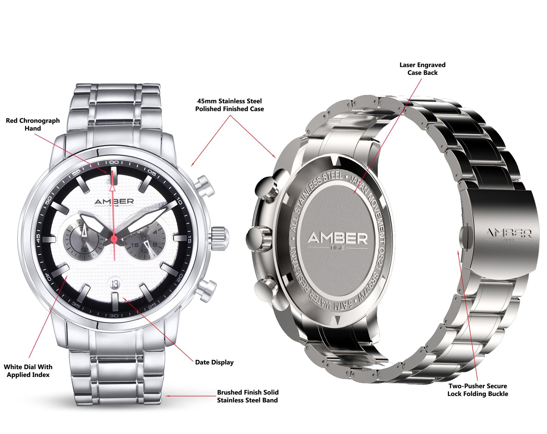 Amber Time Men's Quartz Chronograph Watch featuring a polished stainless steel case, white dial with date display, and secure stainless steel bracelet.