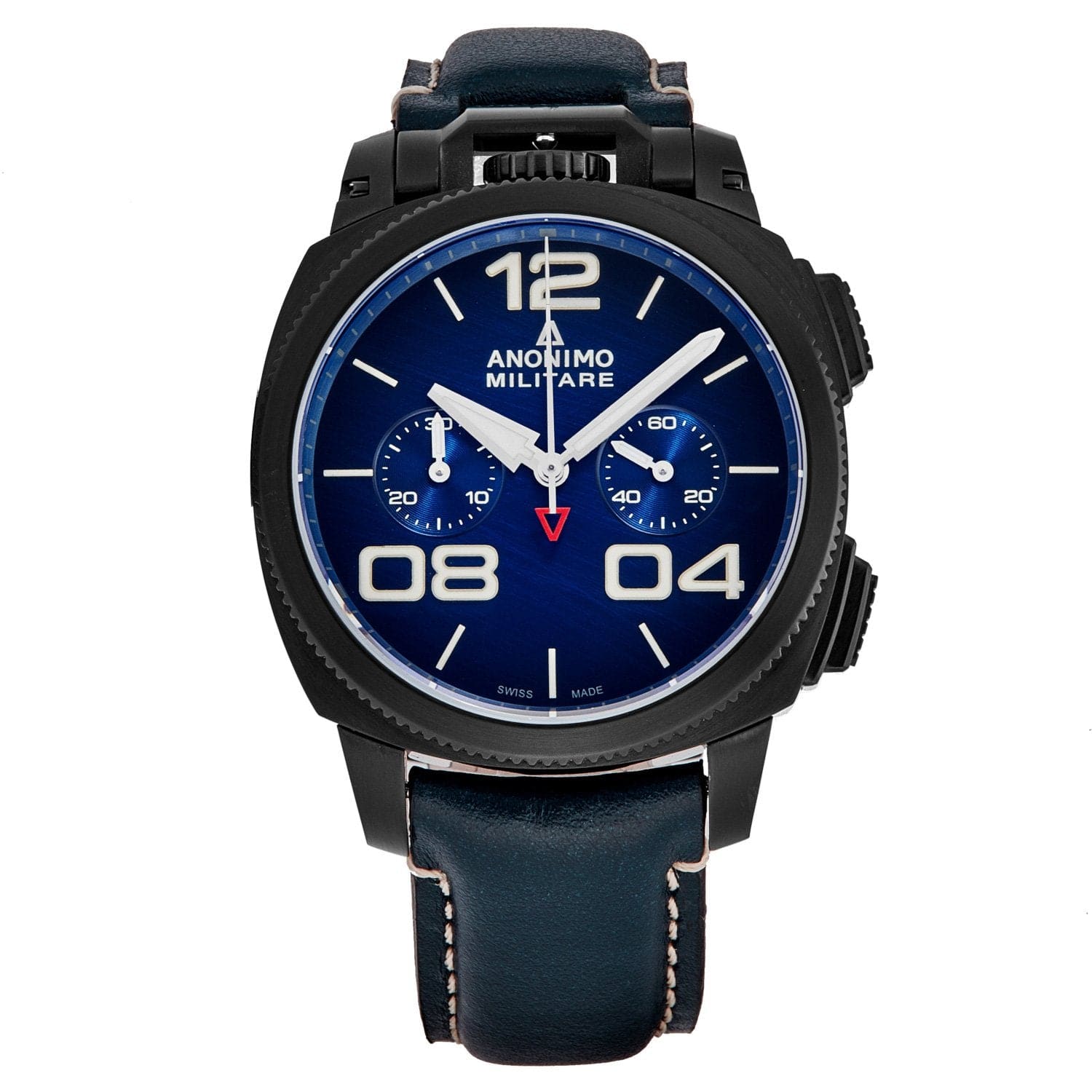 Anonimo Men's AM-1120.02.003.A03 'Militare' watch featuring a blue scratched dial and leather strap, showcasing its elegant design.