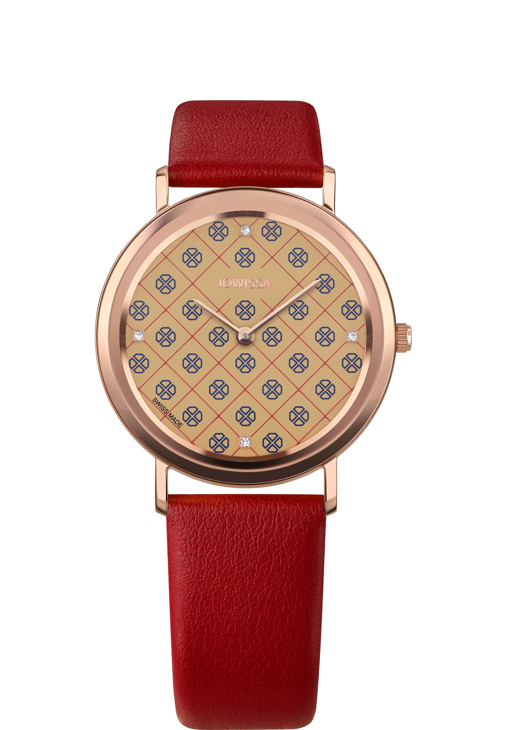 AnWy Swiss Ladies Watch J6.224.L featuring a red leather strap, golden-beige dial with logo pattern, and rose-gold stainless steel case.