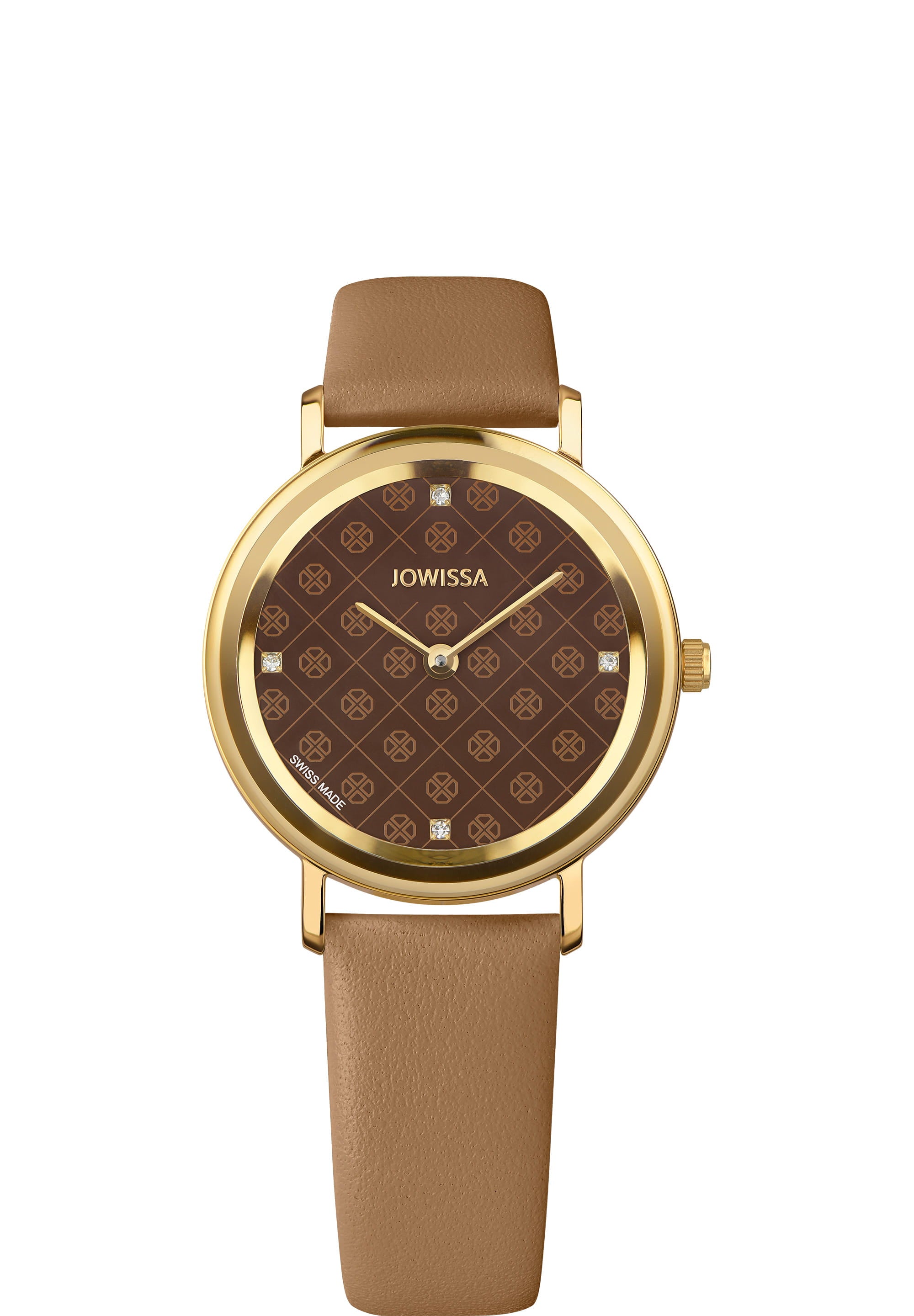 AnWy Swiss Ladies Watch J6.227.M featuring a chocolate-brown logo-pattern dial, yellow-gold stainless steel case, and Italian leather strap.